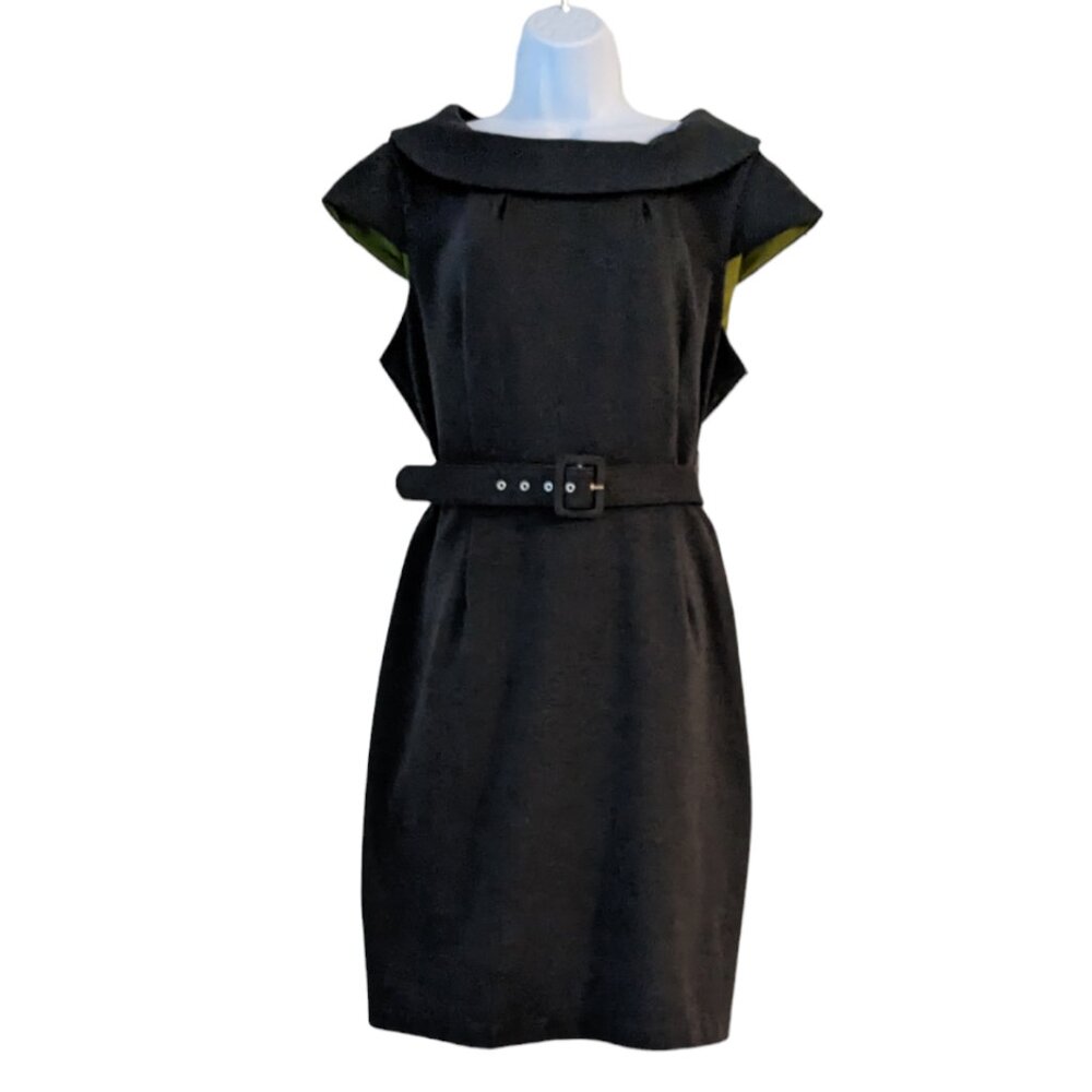 Madison Leigh Cap Sleeved and Belted Ponte Sheath Dress - size 16